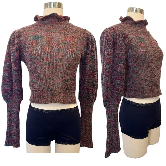 Vintage 80s Marled Knit Cropped Leg Mutton Balloon Purple Pink Sleeve Sweater 🔥 - Picture 2 of 10